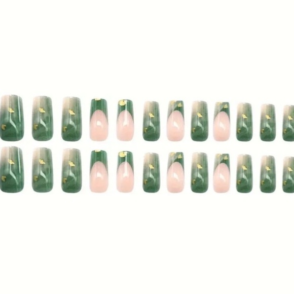 NEW Gold Foil Sage Green Yellow Elegant Press On Nail Kit Glue French - Picture 8 of 8